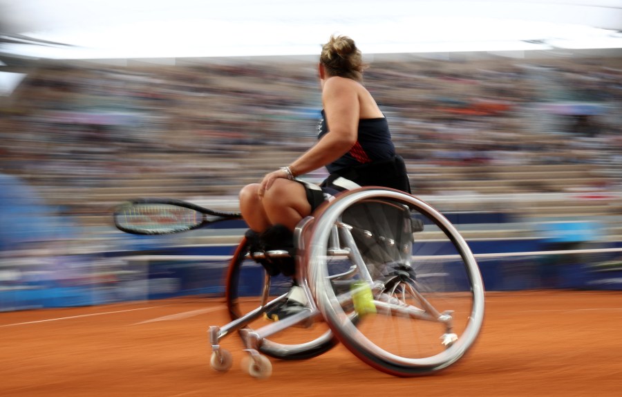 Britain's Lucy Shuker competes in the 1st round of the women's wheelchair doubles tennis match against Netherlands on the Court Suzanne Lenglen at the Roland-Garros Stadium during the Paris 2024 Paralympic Games in Paris on August 30 2024