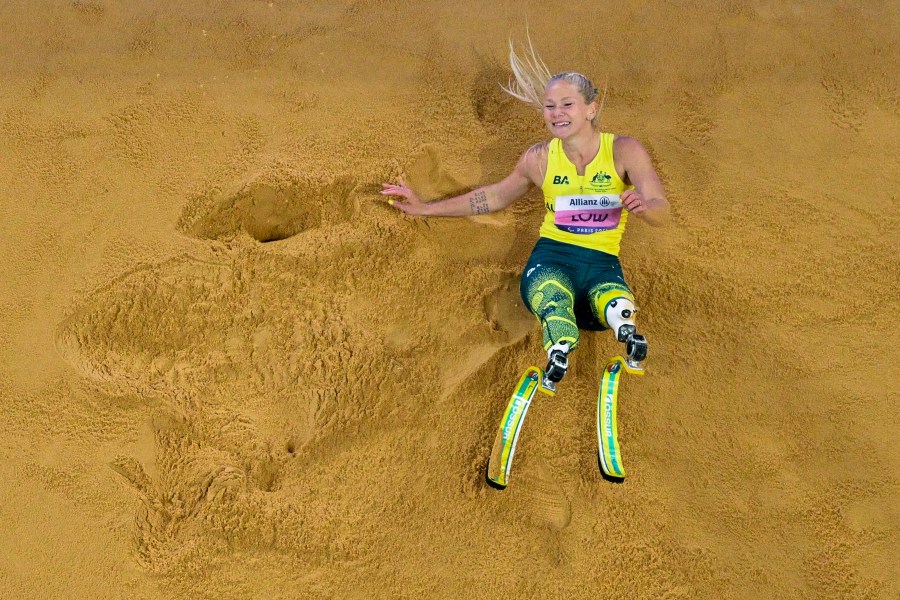 An overview shows Australia's Vanessa Low competing in the women's long jump T63 Final during the Paris 2024 Paralympic Games at the Stade de France in Saint-Denis outside Paris on September 5 2024