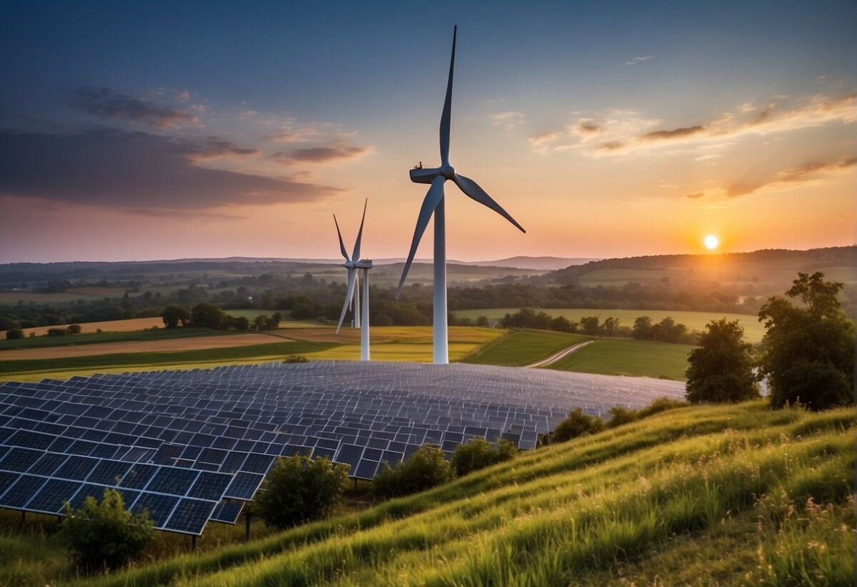 A wind turbine stands tall against a colorful sunset sky, surrounded by fields of solar panels and lush green trees, symbolizing renewable energy and eco-friendly living