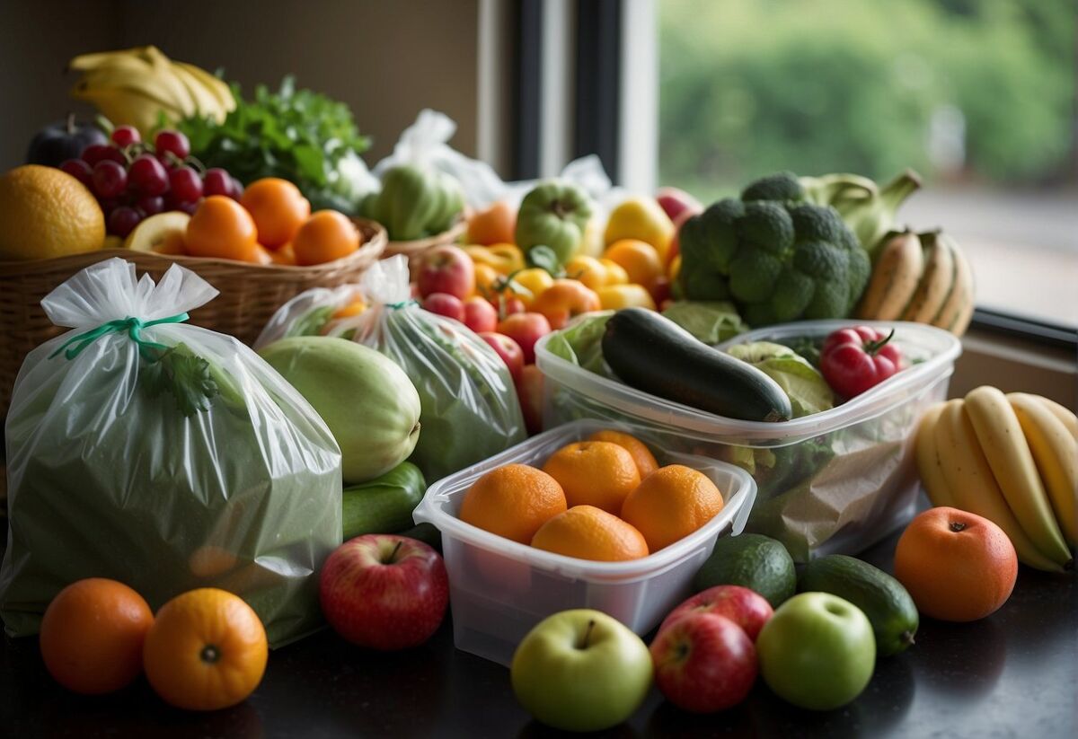 A colorful array of fresh fruits and vegetables in reusable bags and baskets