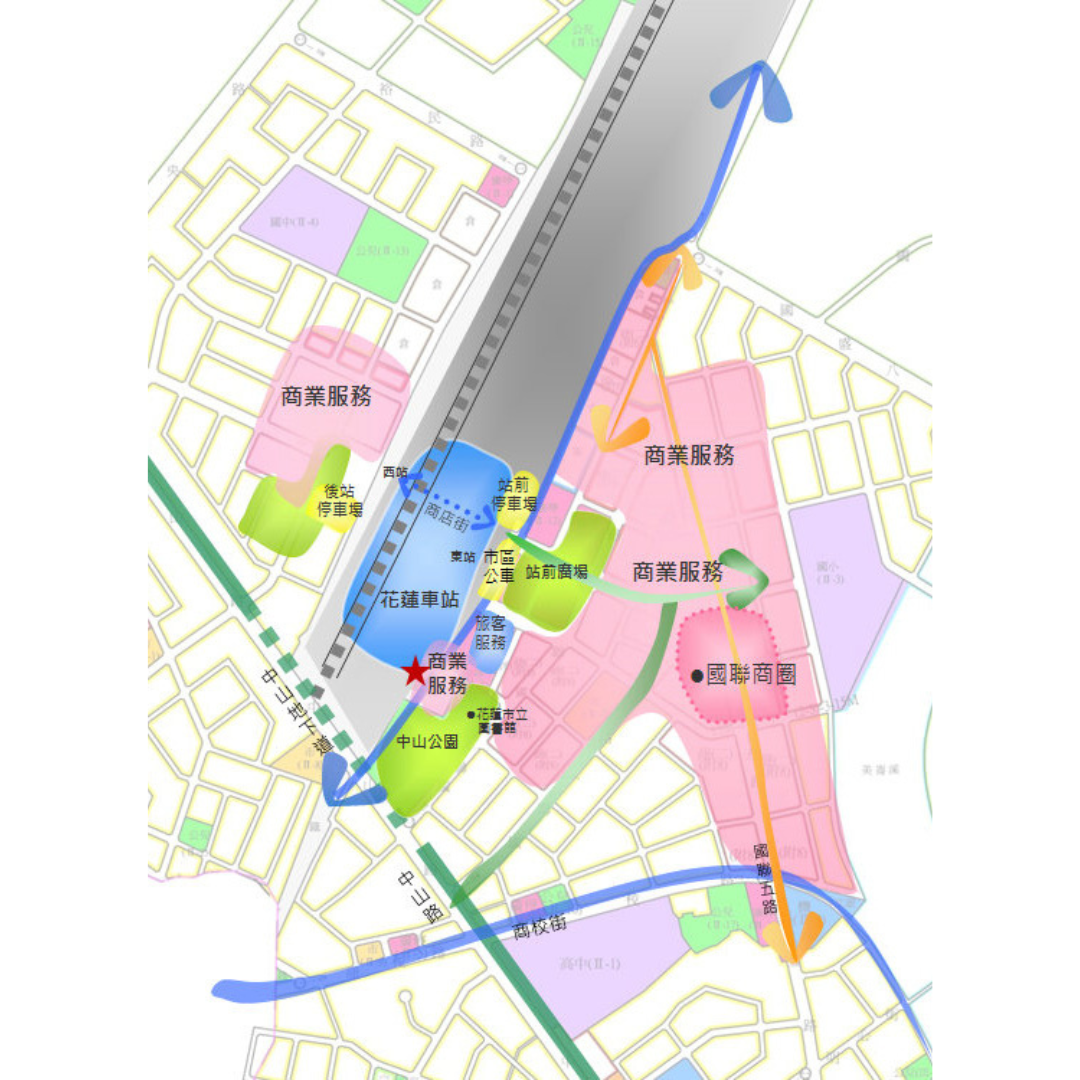圖五 變更花蓮主要計畫(第三次通盤檢討)花蓮車站文化娛樂區規劃構想 (出處:花蓮縣政府)