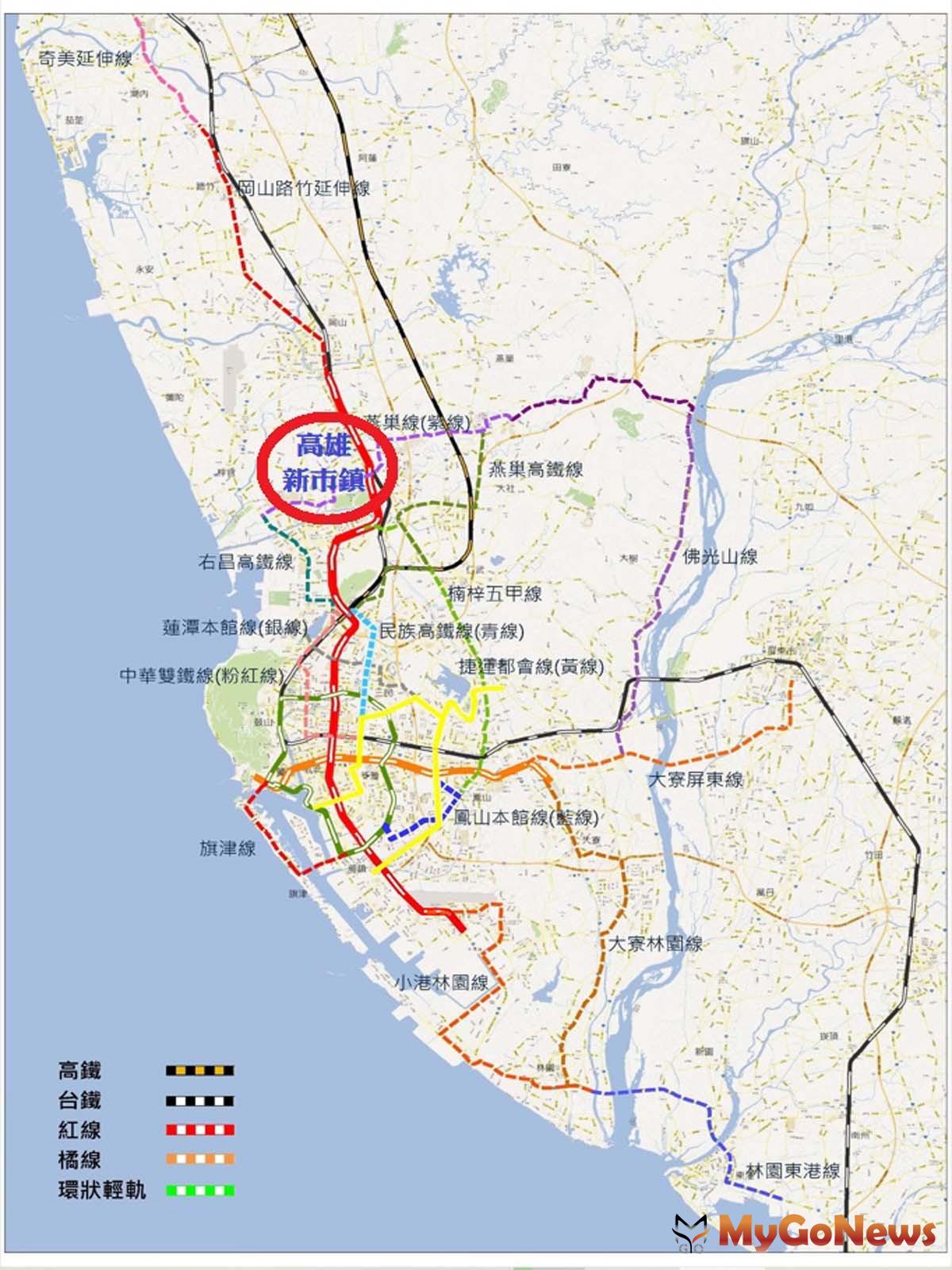 高雄新市鎮目前有捷運紅線享受「軌道經濟」利多，2029年可以第二次享受捷運岡山路竹延伸線的利多效益，遠期則還有捷運紫線(燕巢線)規劃的期待利多。(圖片來源/高雄市捷運局) MyGoNews房地產新聞 專題報導