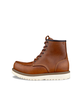 Men's ECCO® Staker Leather Moc-Toe Boot - Brown - Outside