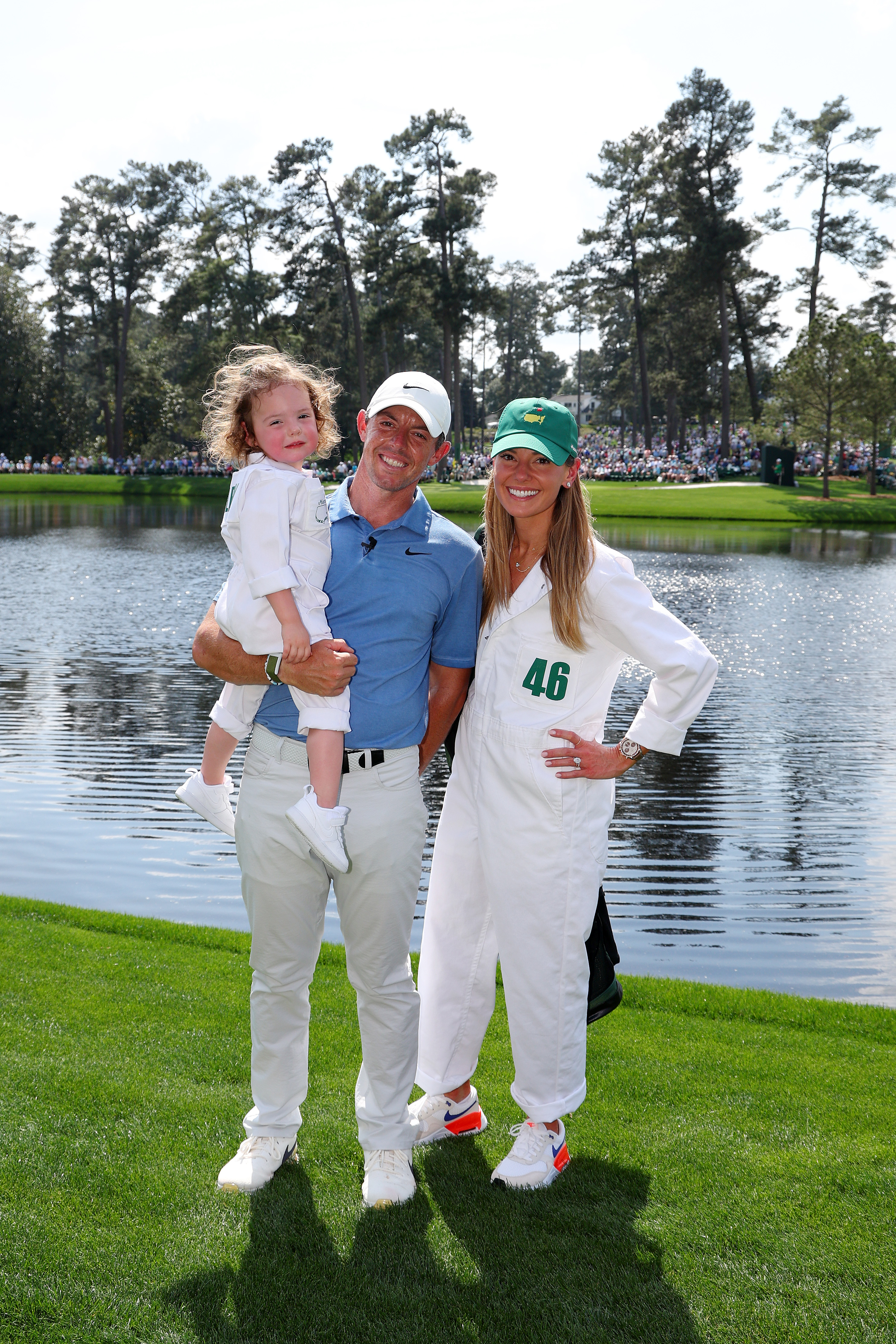 Rory McIlroy, Erica Stoll and their daughter, Poppy, at the 2023 Masters Tournament.