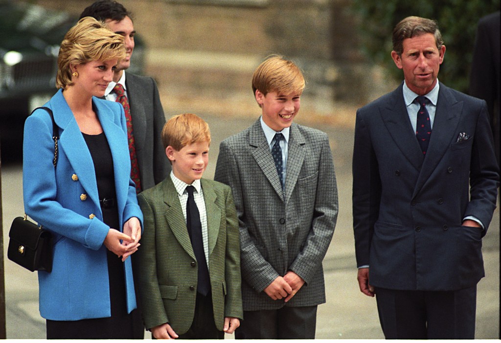 Prince Harry in a jacket and tie with Prince William, Princess Diana and King Charles.