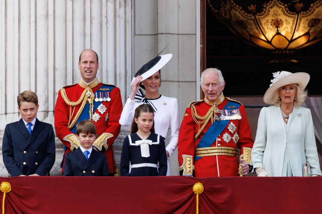 King Charles, Queen Camilla, Kate Middleton, Prince William, Princess Charlotte, Prince Louis and Prince George on the balcony of Buckingham Palace.