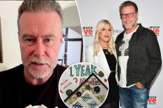 A split photo of a selfie of Dean McDermott, Tori Spelling and Dean McDermott posing together and a small photo of a poster celebrating Dean McDermott's sobriety