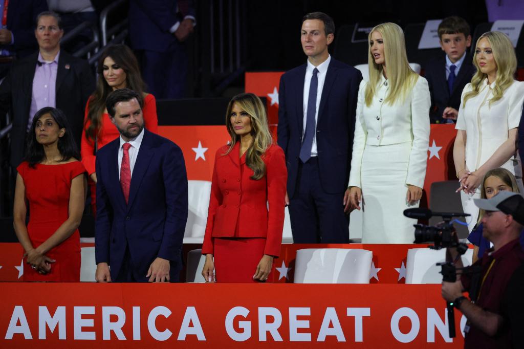 Melania Trump, D. Vance, Usha Chilukuri Vance, Tiffany Trump, Ivanka Trump, Jared Kushner and Kimberly Guilfoyle standing together