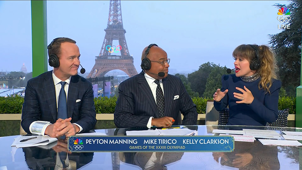 Peyton Manning, Mike Tirico and Kelly Clarkson Olympics 2024 coverage