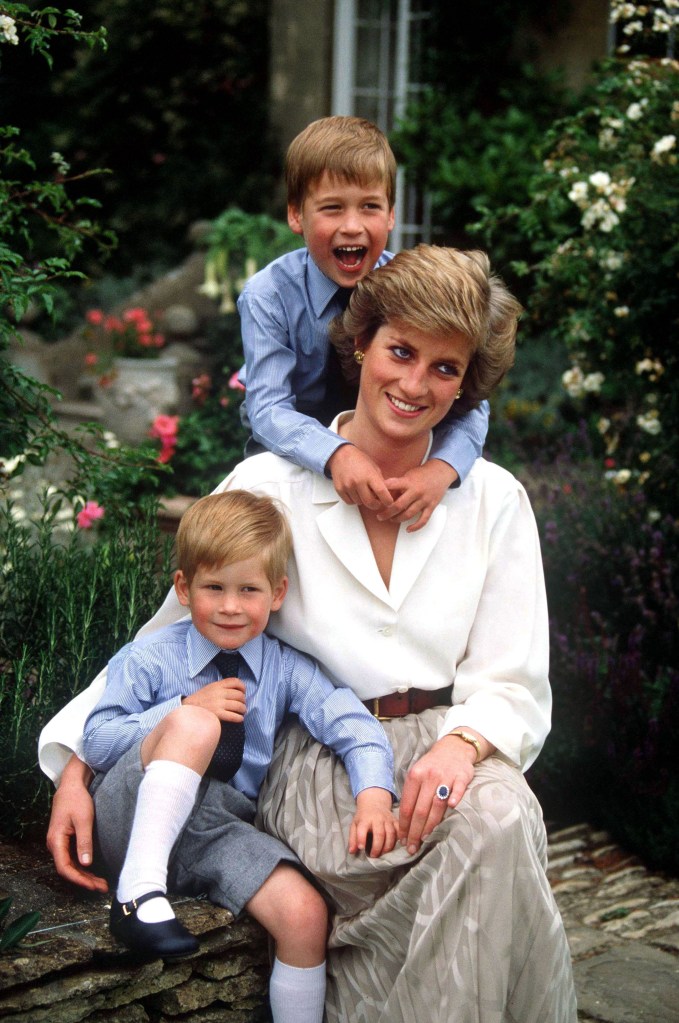 Princes Diana cuddles Prince William and Prince Harry.