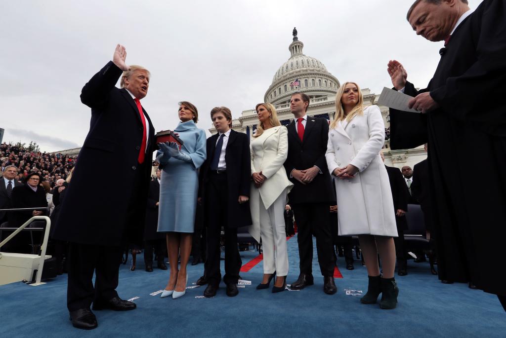 Donald Trump getting sworn in as president with melania, Barron, Ivanka, Eric and Tiffany