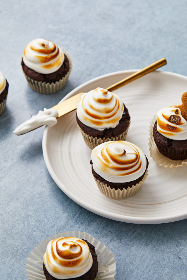 vegan chocolate rum cupcakes with toasted meringue frosting