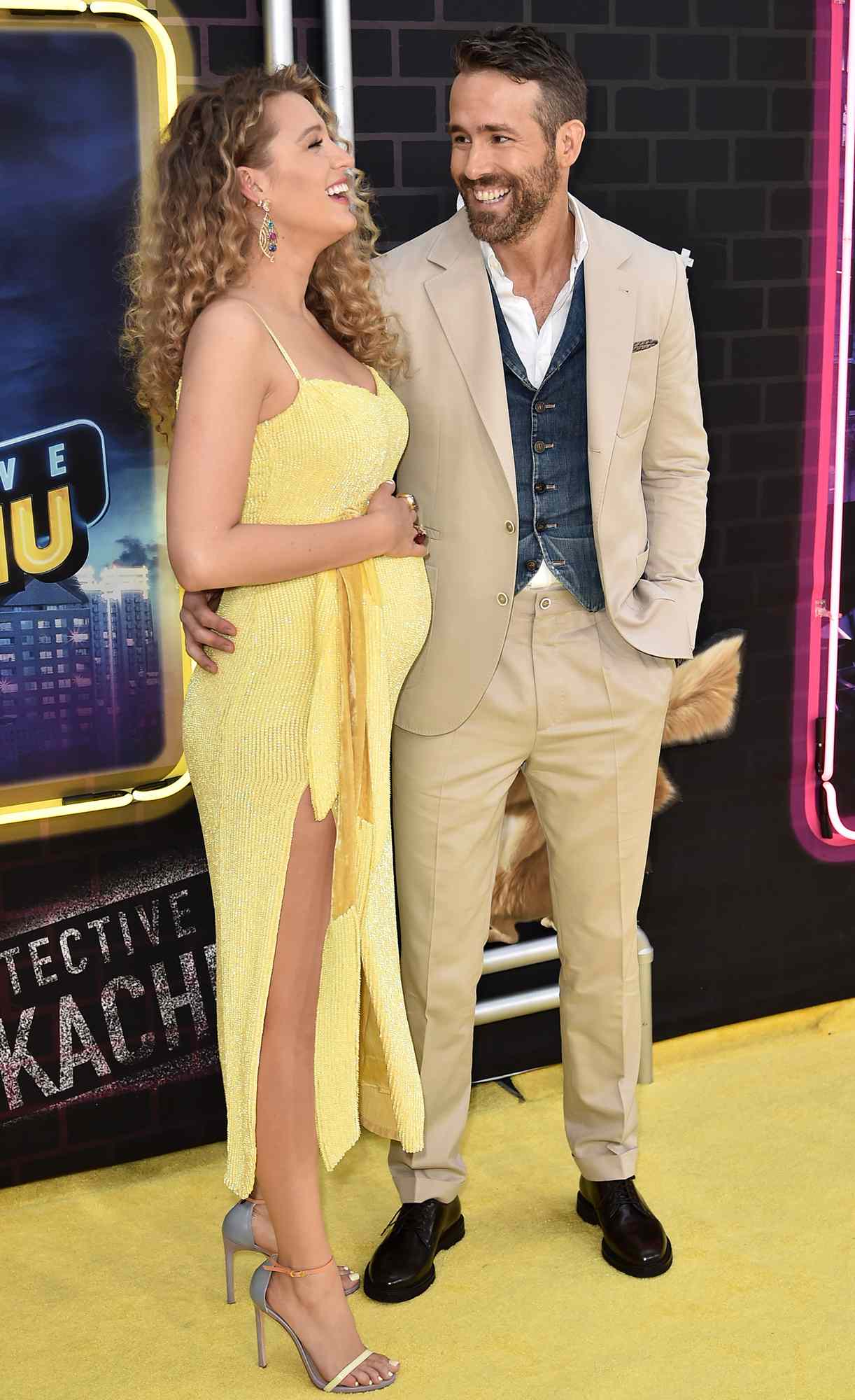 Blake Lively and Ryan Reynolds attend the premiere of "Pokemon Detective Pikachu" at Military Island in Times Square on May 2, 2019 in New York City