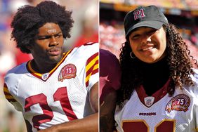 Sean Taylor #21 of the Washington Redskins; Washington Football Team safety Landon Collins (26) poses with Jackie Taylor before an NFL football game against the Kansas City Chiefs