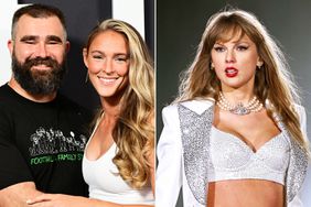 Jason Kelce and Kylie Kelce attend Thursday Night Football Presents The World Premiere of "Kelce" on September 08, 2023 in Philadelphia, Pennsylvania.; Taylor Swift performs on stage during "Taylor Swift | The Eras Tour" at Anfield on June 13, 2024 in Liverpool, England.