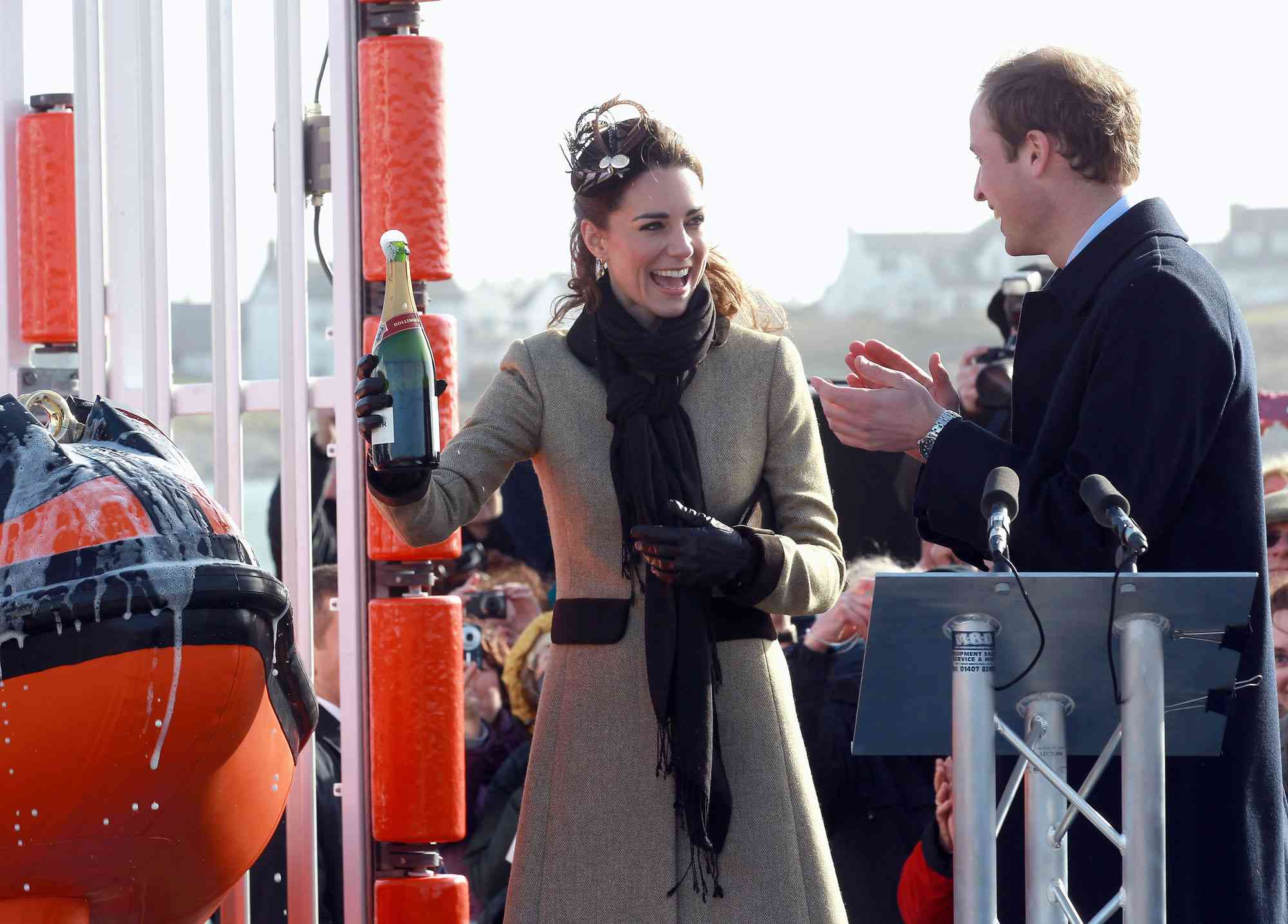 Kate Middleton and Prince William launch the new Hereford Endeavour lifeboat as they visit Trearddur Bay Lifeboat Station at Anglesey on February 24, 2011 in Trearddur, Wales. The newly engaged couple named the Trearddur Bay Lifeboat Stations new Atlantic 85 inshore lifeboat the Hereford Endeavour. The vessel was launched during the naming ceremony and the crew demonstrate some of her rescue capabilities. The country is gearing up for the much anticipated wedding of the couple scheduled to take place on April 29, 2011 at Westminster Abbey in London