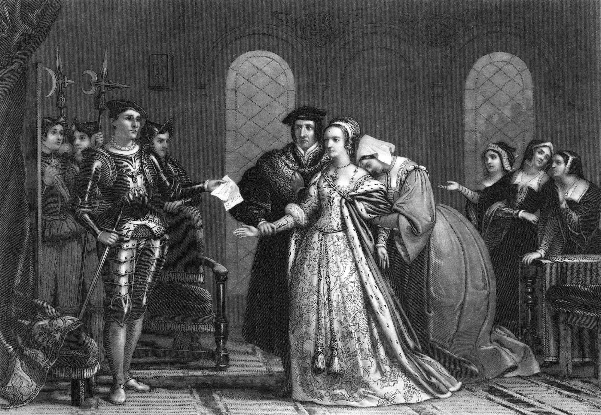 English noblewoman Lady Jane Grey (c 1537 - 1554, centre) is arrested on the orders of Queen Mary I, London, 1553. She was charged with high treason and executed by beheading at the Tower of London on 12th February 1554. 