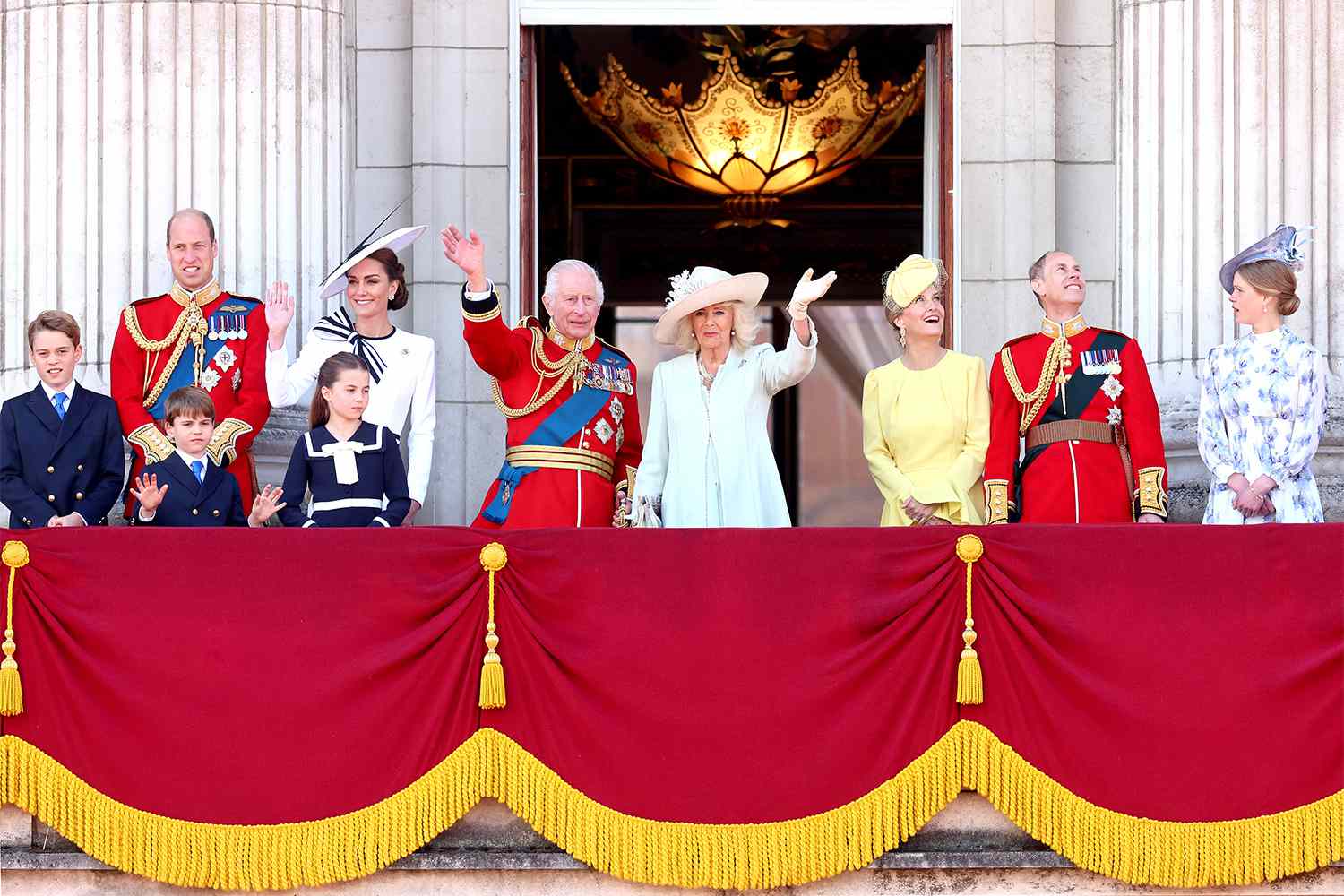 Prince George of Wales, Prince William, Prince of Wales, Prince Louis of Wales, Catherine, Princess of Wales, Princess Charlotte of Wales, King Charles III, Queen Camilla, Sophie, Duchess of Edinburgh, Prince Edward, Duke of Edinburgh and Lady Louise Windsor on the balcony during Trooping the Colour at Buckingham Palace