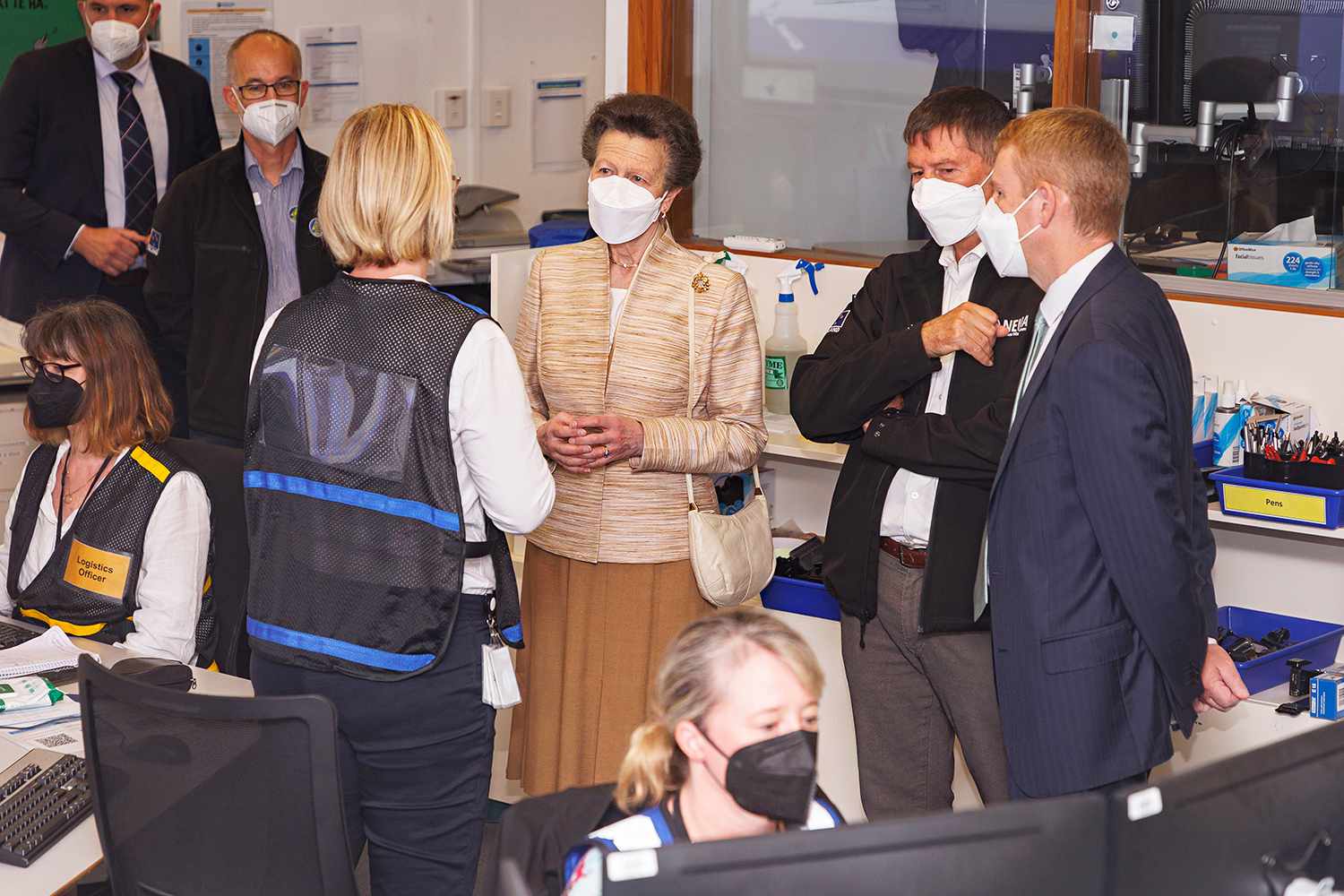 Princess Anne, Princess Royal visits the National Crisis Management Centre in the basement bunker of the Beehive as Cyclone Gabrielle causes chaos around the country, on February 15, 2023 in Wellington, New Zealand.