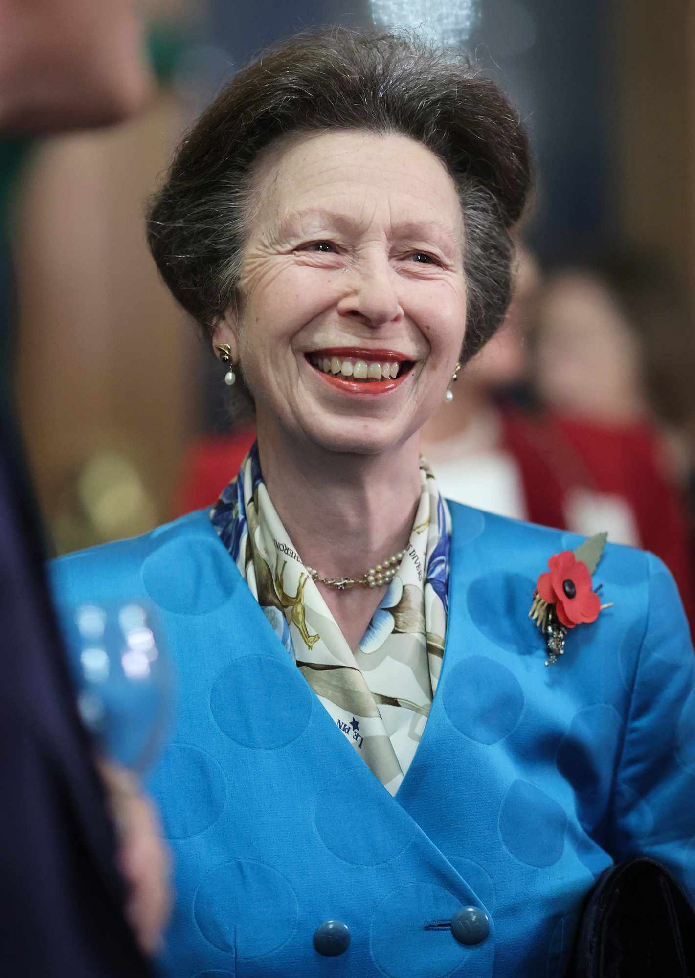 Princess Anne, Princess Royal smiles as she attends a reception for winners of the Queen's Awards For Enterprise at Windsor Castle on November 10, 2021 in Windsor, England