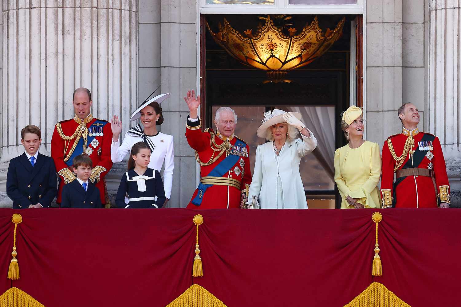 Prince George of Wales, Britain's Prince William, Prince of Wales, Britain's Prince Louis of Wales, Britain's Catherine, Princess of Wales, Britain's Princess Charlotte of Wales, Britain's King Charles III, Britain's Queen Camilla, Britain's Sophie, Duchess of Edinburgh, and Britain's Prince Edward, Duke of Edinburgh, pose on the balcony of Buckingham Palace after attending the King's Birthday Parade "Trooping the Colour" in London