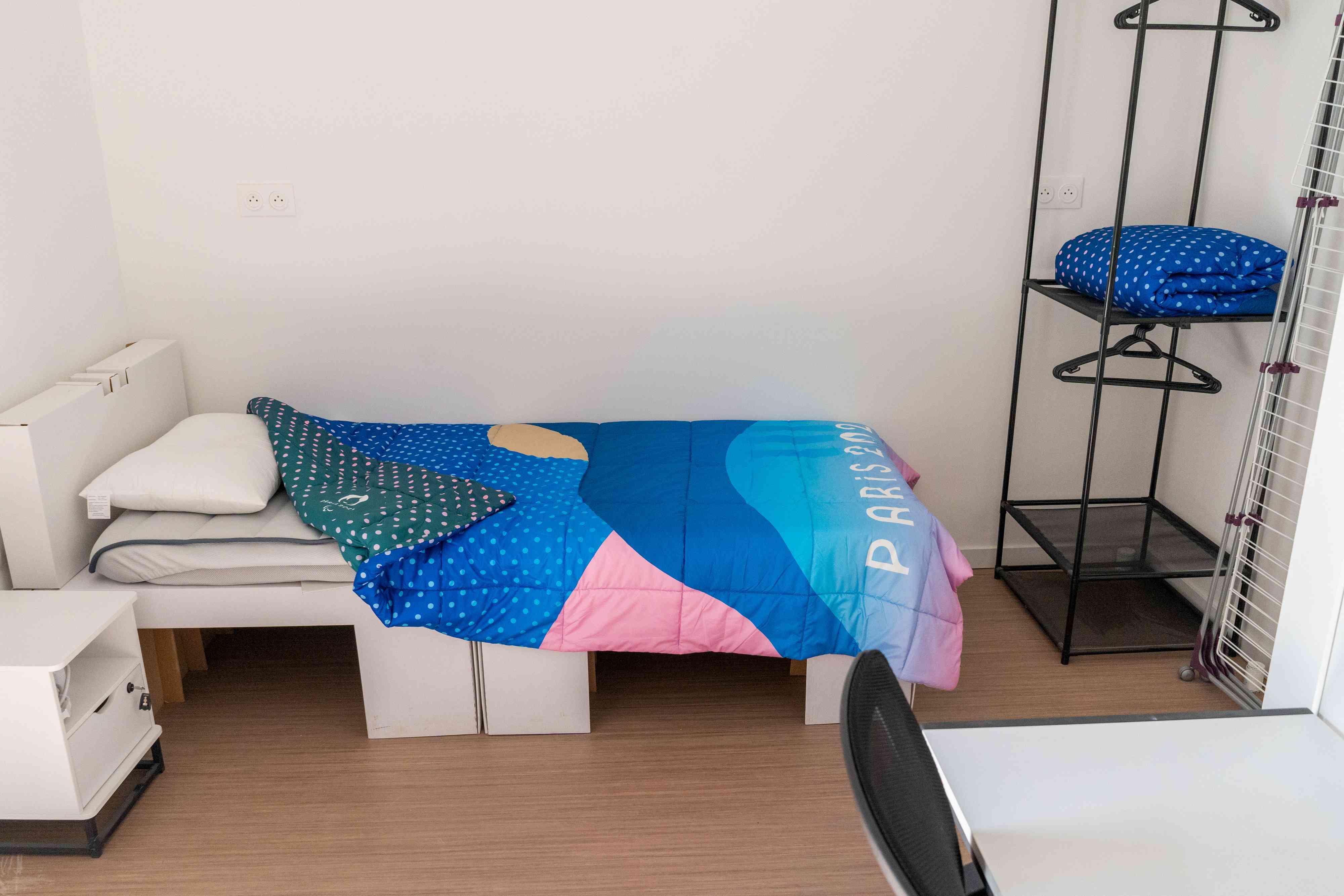 A cardboard bed inside an athletes' accommodation at the Olympic Village in Saint Denis, France, on Monday, April 15, 2024