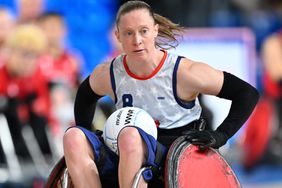 Sarah Adam of Team USA in action during the Wheelchair Rugby Group A game United States of America vs Canada on day one of the Paris 2024 Summer Paralympic Games at Champs-de-Mars Arena on August 29, 2024 in Paris, France.