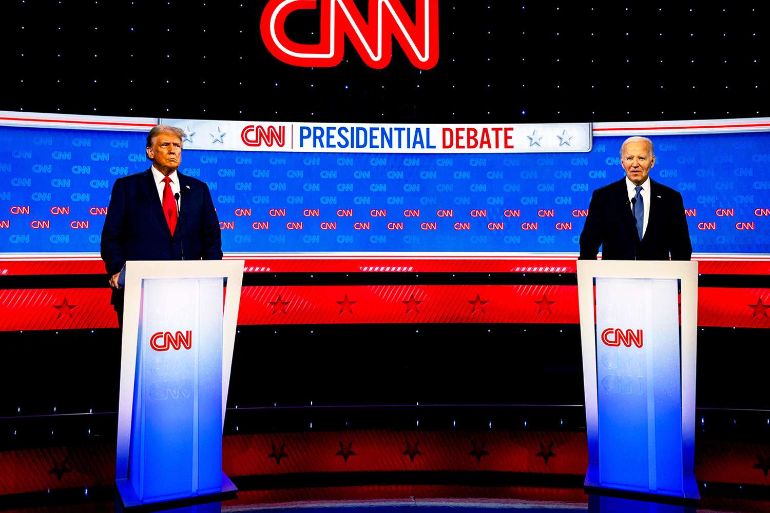 US President Joe Biden, right, and former US President Donald Trump during the first presidential debate in Atlanta, Georgia, US, on Thursday, June 27, 2024.