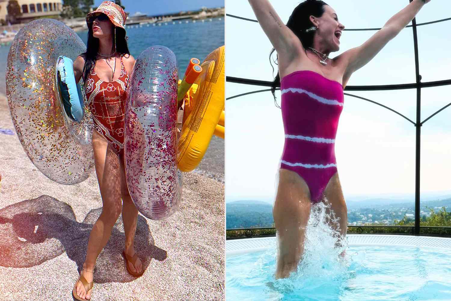 Collage of Katy Perry wearing different bathing suits