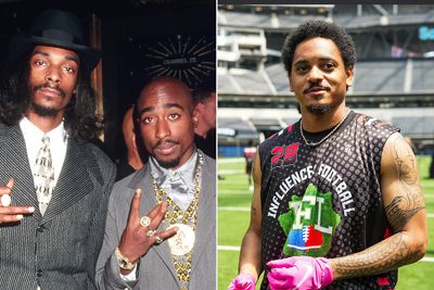 Rappers Snoop Doggy Dogg (left) and Tupac Shakur at the 1996 MTV Video Music Awards at Radio City Music Hall; Recording Artist Corde Broadus smiles at SoFi Stadium on July 01, 2023 in Inglewood, California. 