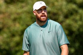 NFL football player Travis Kelce walks on the first hole on day one of the 2024 American Century Championship at Edgewood Tahoe Golf Course on July 12, 2024 in Stateline, Nevada