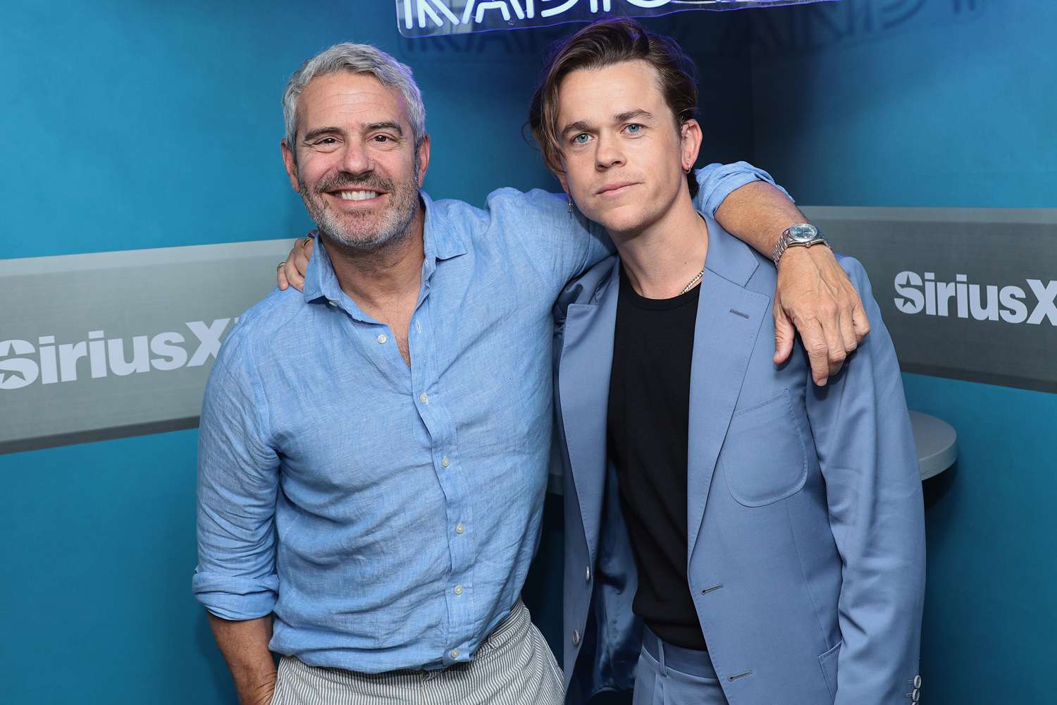 Andy Cohen and John Owen Lowe visit SiriusXM at SiriusXM Studios on July 24, 2024 in New York City