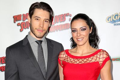 Actor Matthew Rhode (L) and actress Adrianne Curry attend the world premiere of 'The Death of 'Superman Lives': What Happened?' at the Egyptian Theatre on April 30, 2015 in Hollywood, California.