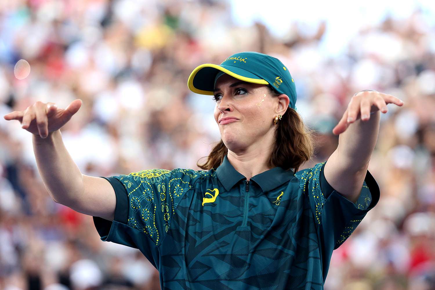 B-Girl Raygun of Team Australia reacts during the B-Girls Round Robin - Group B on day fourteen of the Olympic Games Paris 2024 