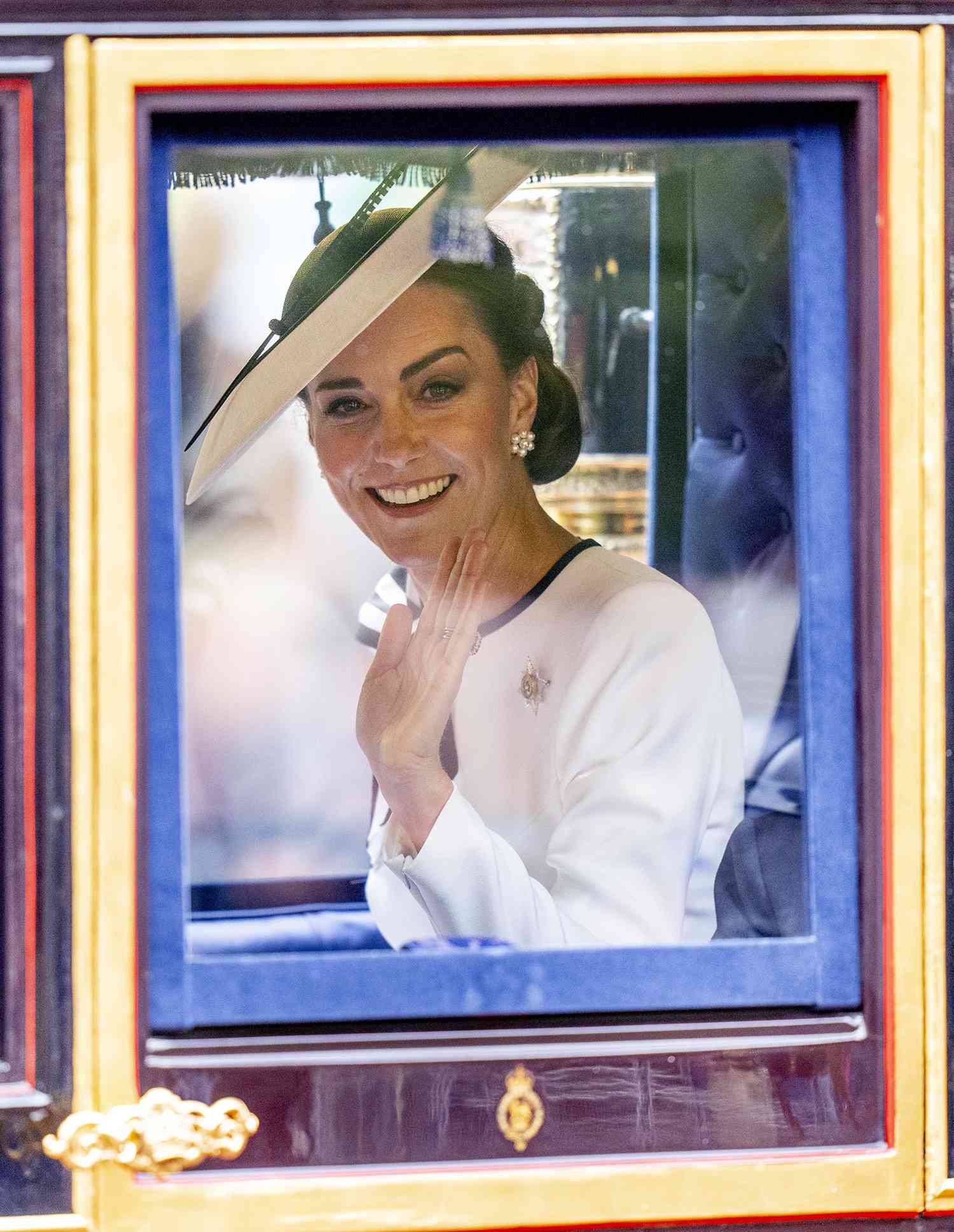 Catherine, Princess of Wales waves during Trooping the Colour on June 15, 2024 in London