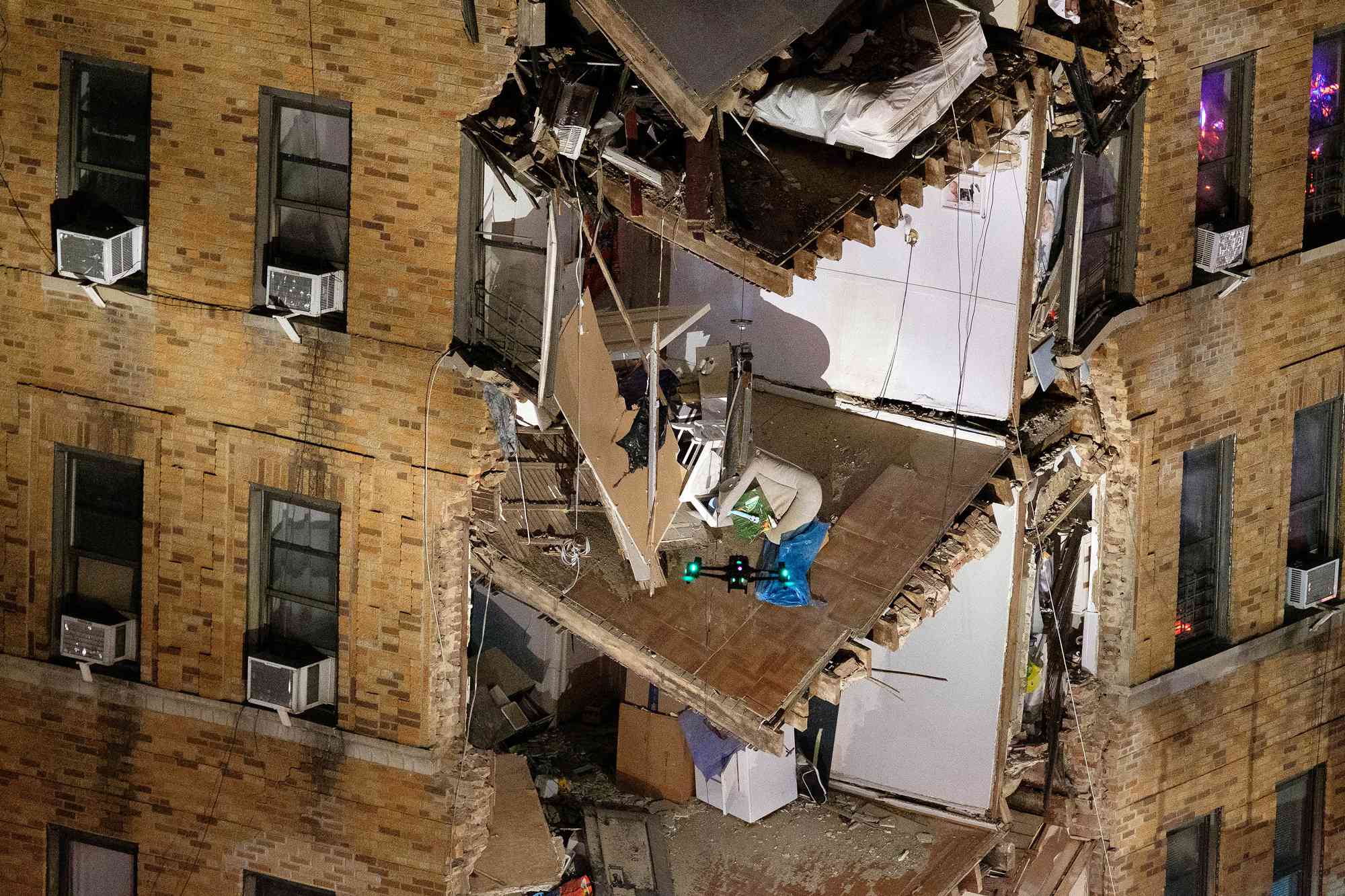 An FDNY drone is seen searching for victims after a partial building collapse on West Burnside Avenue and Phelan Place in the Bronx, New York City on Monday, December 11, 2023.