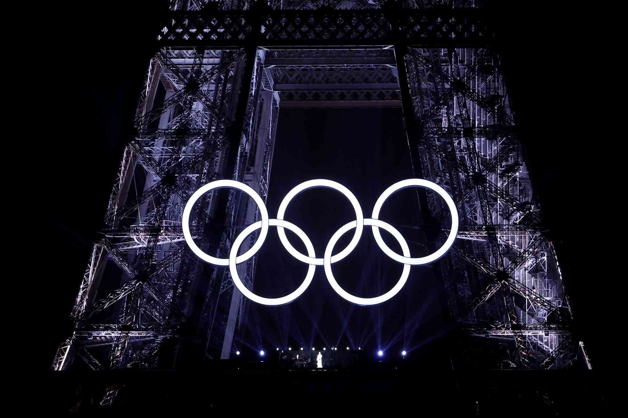 Celine Dion performs on the Eiffel Tower as the conclusion of the opening ceremony of the Olympic Games Paris