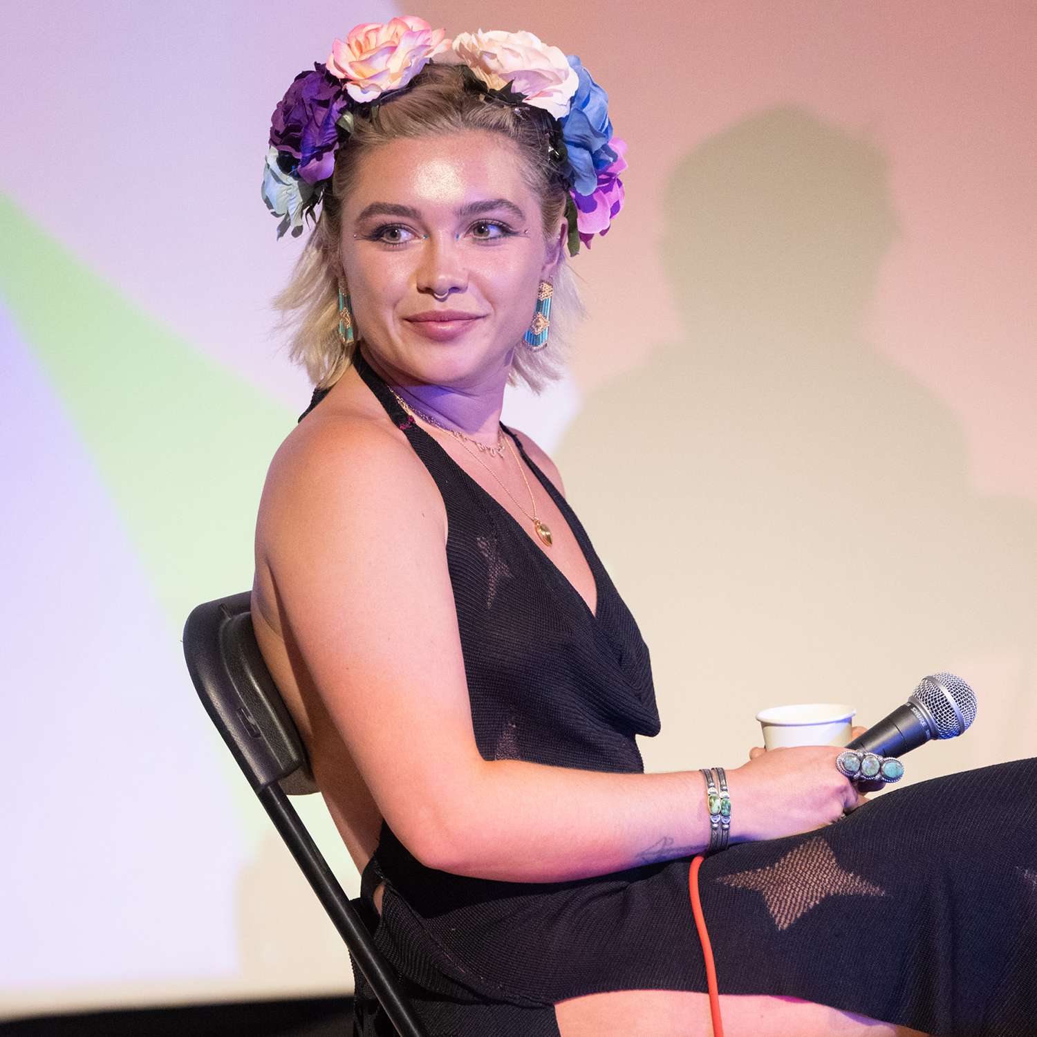 Florence Pugh attends a Q&A session at the Pilton Palace during day three of Glastonbury Festival 2024 at Worthy Farm, Pilton on June 28, 2024 in Glastonbury, England.