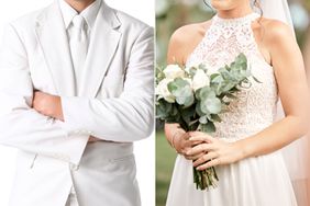 Male wearing white suit and Bride with flowers