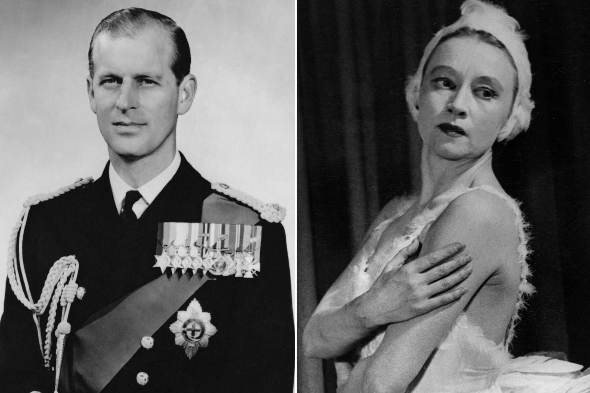 Photo of Prince Philip in full military garb next to a professional shot of Russian dancer, Galina Ulanova.