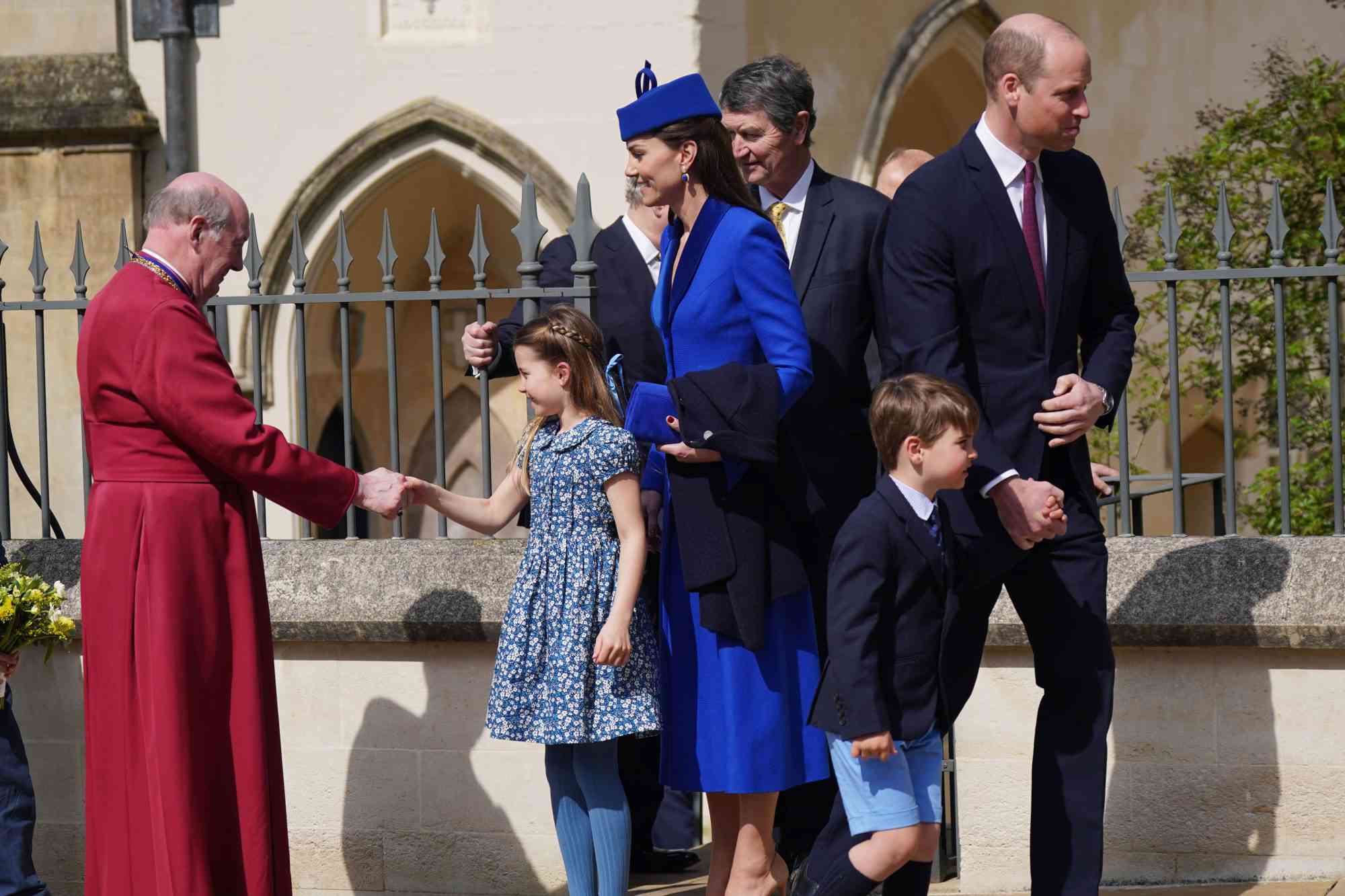 WINDSOR, ENGLAND - APRIL 09: Catherine, Princess of Wales and William, Prince of Wales are seen with Princess Charlotte and Prince Louis after attending the Easter Mattins Service at St George's Chapel at Windsor Castle on April 9, 2023 in Windsor, England. (Photo by Yui Mok - WPA Pool/Getty Images)