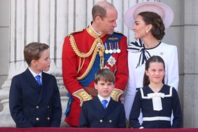  Prince George of Wales, Prince William, Prince of Wales, Prince Louis of Wales, Princess Charlotte of Wales and Catherine, Princess of Wales on the balcony of Buckingham Palace during Trooping the Colour on June 15, 2024 in London, England.