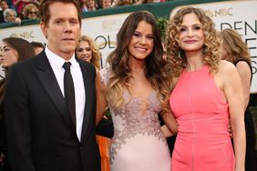 Kevin Bacon, Miss Golden Globe Sosie Bacon and actress Kyra Sedgwick arrive to the 71st Annual Golden Globe Awards on January 12, 2014.