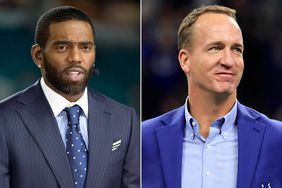 ESPN NFL Analyst Randy Moss during the ESPN Monday Night Football Countdown TV show on the field before the start of the NFL football game between the New England Patriots and the Miami Dolphins on December 11, 2017, at the Hard Rock Stadium in Miami Gardens, FL; Former Indianapolis Colts Peyton Manning looks on during the Indianapolis Colts Ring of Honor ceremony for Tarik Glenn during halftime of a game against the Washington Commanders at Lucas Oil Stadium on October 30, 2022 in Indianapolis, Indiana.