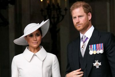 Prince Harry and Meghan Markle, Duke and Duchess of Sussex leave after a service of thanksgiving for the reign of Queen Elizabeth II at St Paul's Cathedral in London