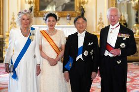 King Charles III, Britain's Queen Camilla, Japan's Emperor Naruhito and Japan's Empress Masako pose for a formal photograph ahead of a State Banquet at Buckingham Palace in London on June 25, 2024, 