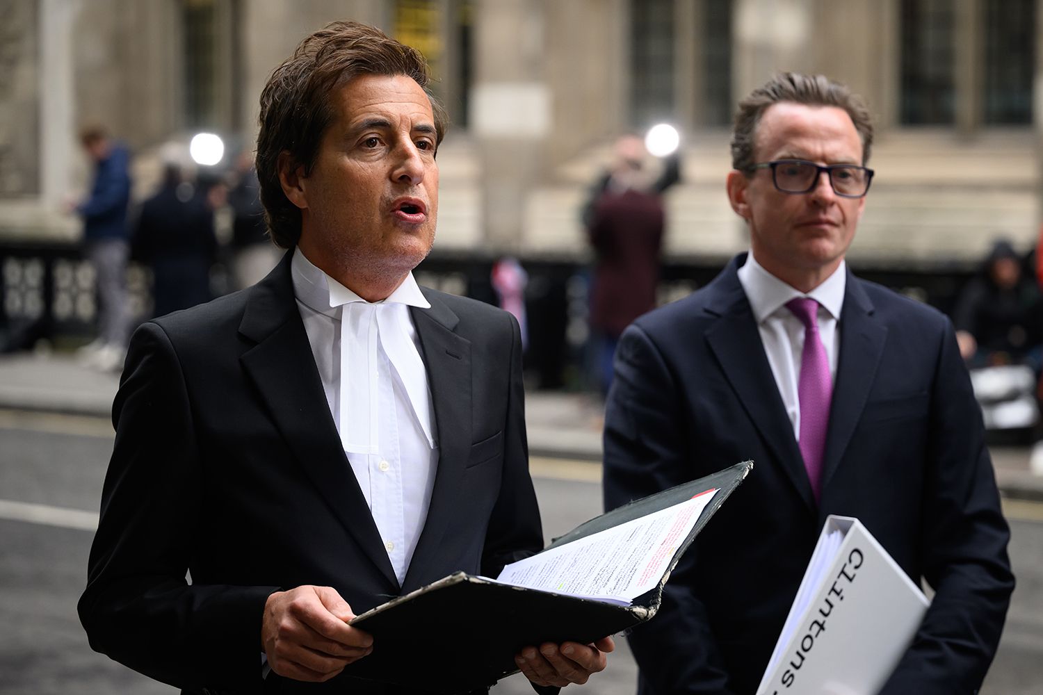 David Sherbourne reads a written statement on behalf of his legal client Prince Harry following the ruling in his favour in a lawsuit against the Mirror Group on December 15, 2023 in London, England