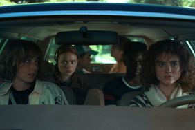 Maya Hawke as Robin Buckley, Sadie Sink as Max Mayfield, Gaten Matarazzo as Dustin Henderson, Joe Keery as Steve Harrington, Caleb McLaughlin as Lucas Sinclair, and Natalia Dyer as Nancy Wheeler in STRANGER THINGS