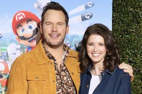 Chris Pratt (L) and US writer Katherine Schwarzenegger arrive for Universal Studios' Super Nintendo World celebration event