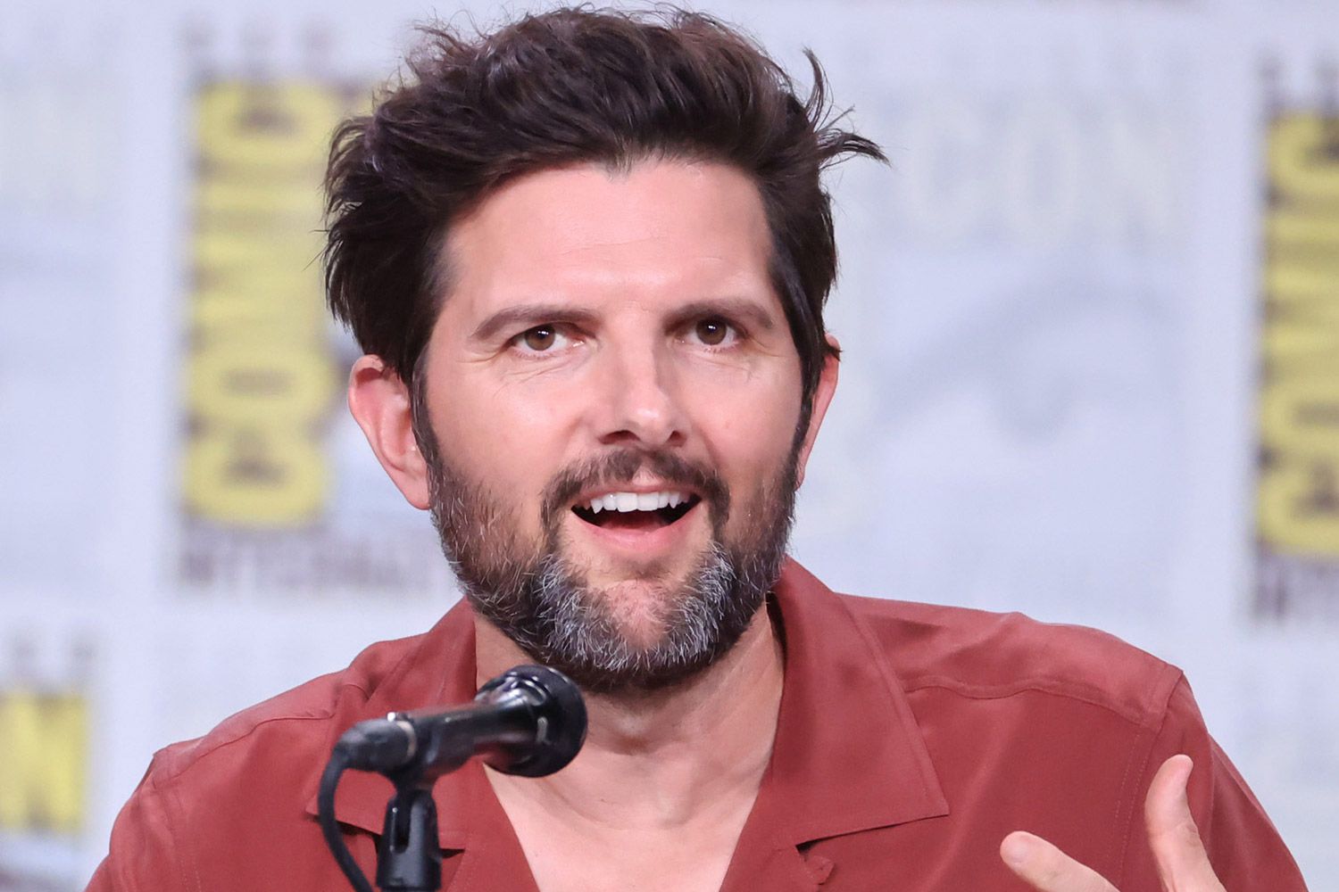 SAN DIEGO, CALIFORNIA - JULY 21: Adam Scott speaks onstage at the Inside "Severence" Panel during 2022 Comic-Con International: San Diego at San Diego Convention Center on July 21, 2022 in San Diego, California. (Photo by Amy Sussman/Getty Images)